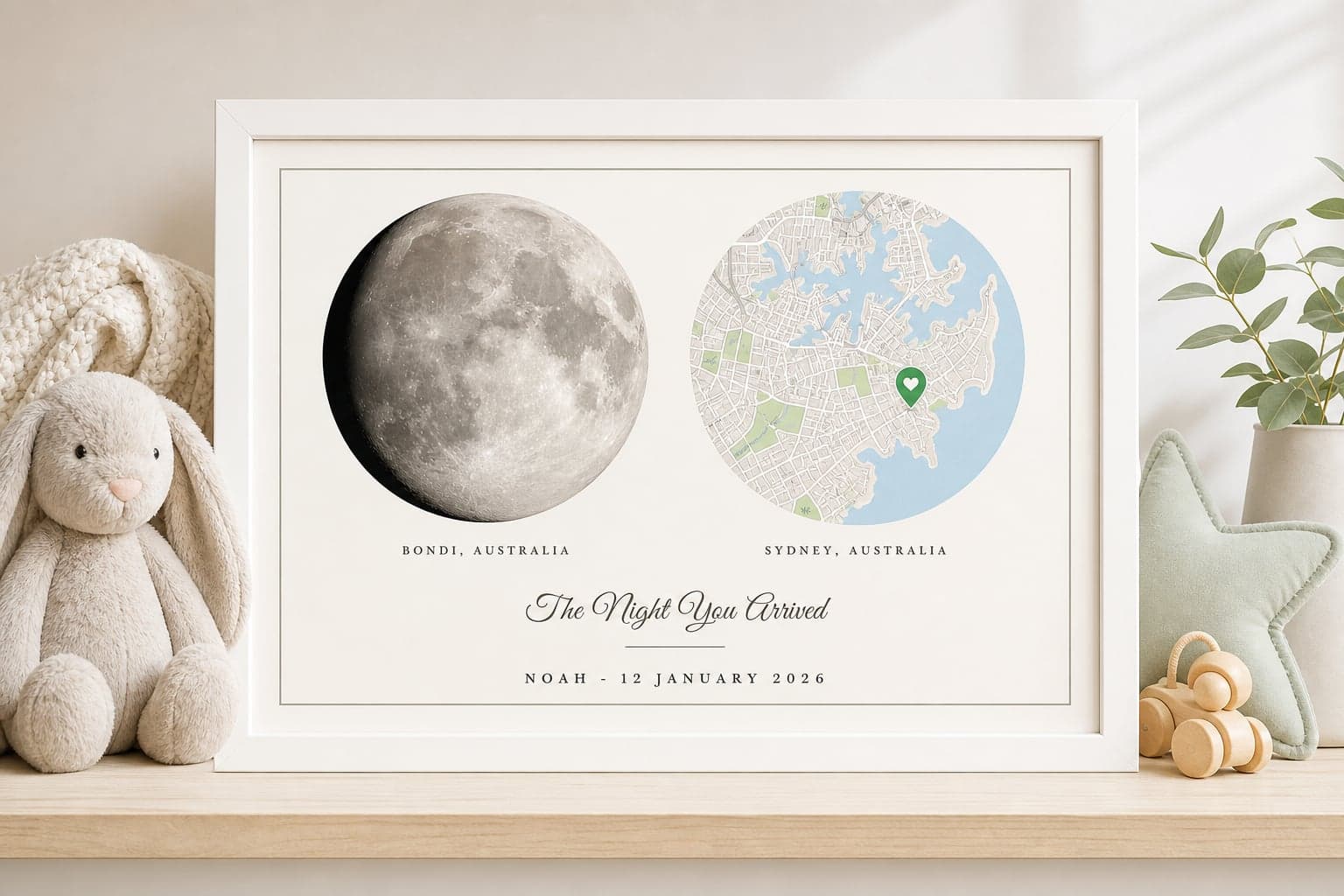 Custom combo map print — moon and star map side by side