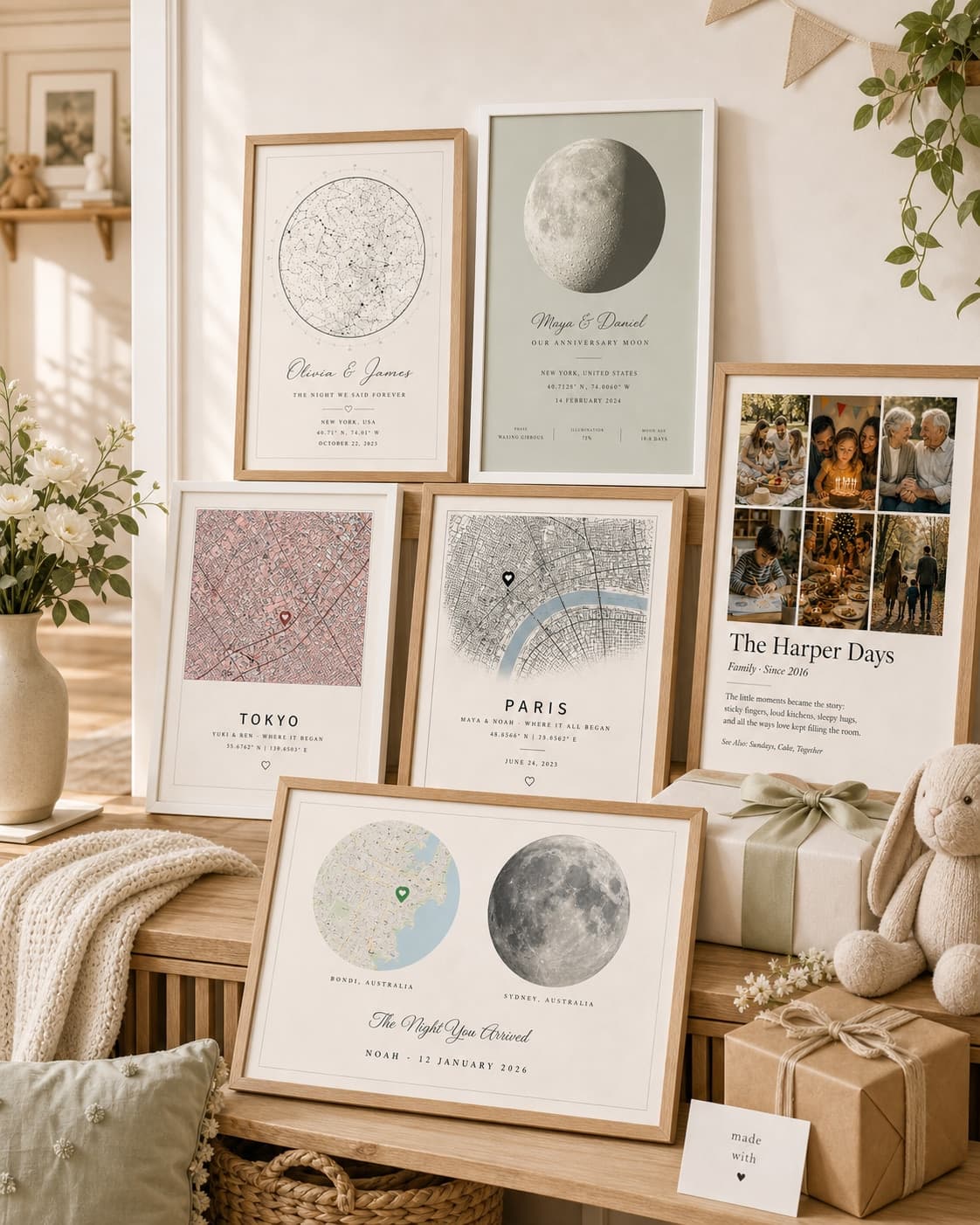 Stars In Hands gift display — framed custom star map, moon phase print, Tokyo and Paris city maps, Sydney combo, and Harper Days memory poster on a styled console with eucalyptus and gift-wrapped boxes